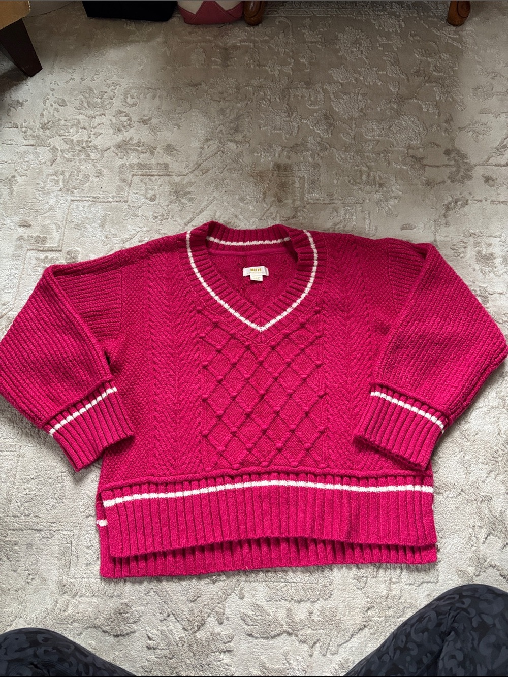 Mauve by Anthropologie Pink Varsity Style V-Neck Knit Sweater
